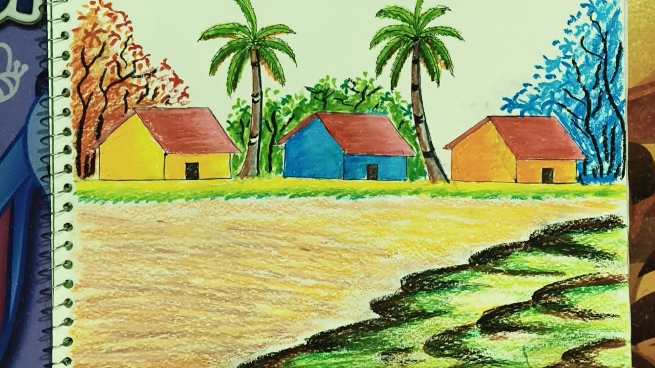 How to Draw Village Scenery with Huts and Trees