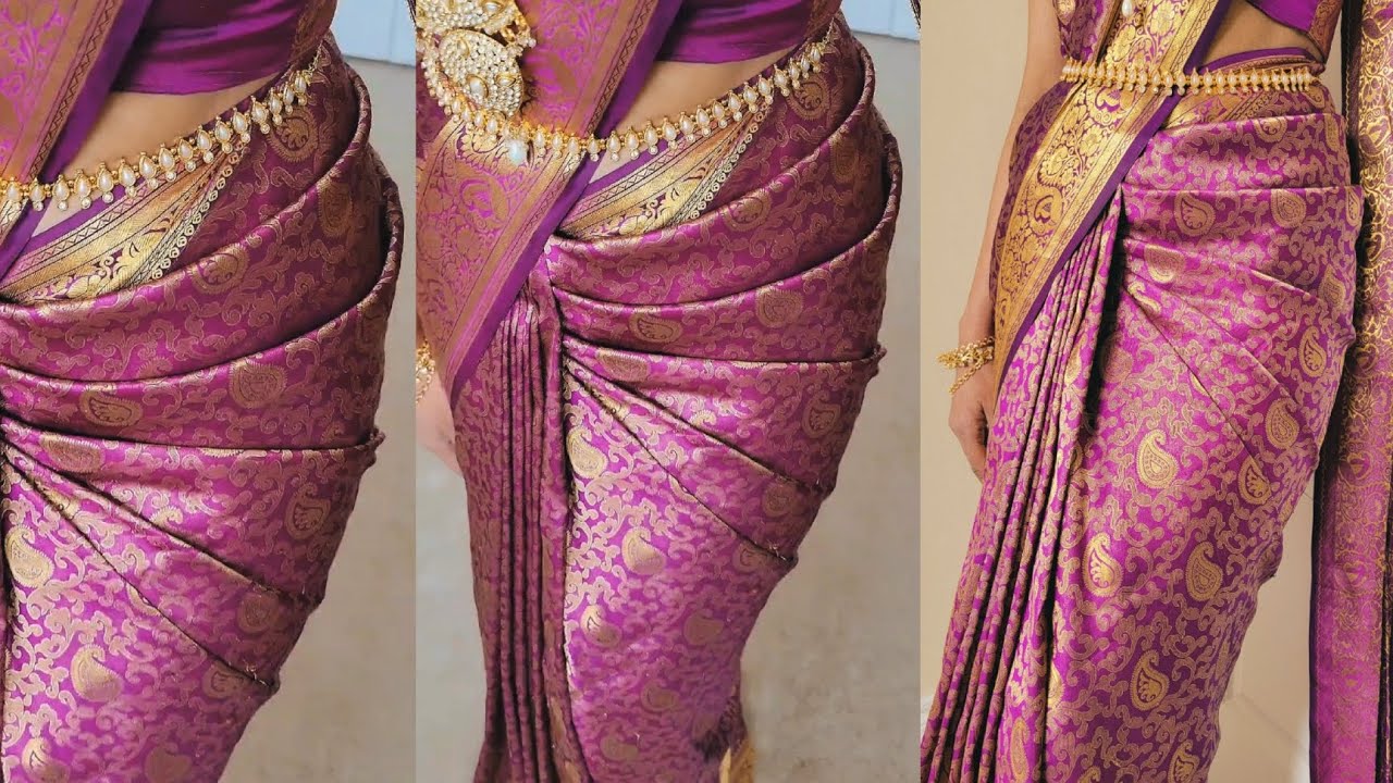 Silk saree Side(hip)pleats tricks and tips: Easy way to make perfect pleats step-by-step #sareedrape