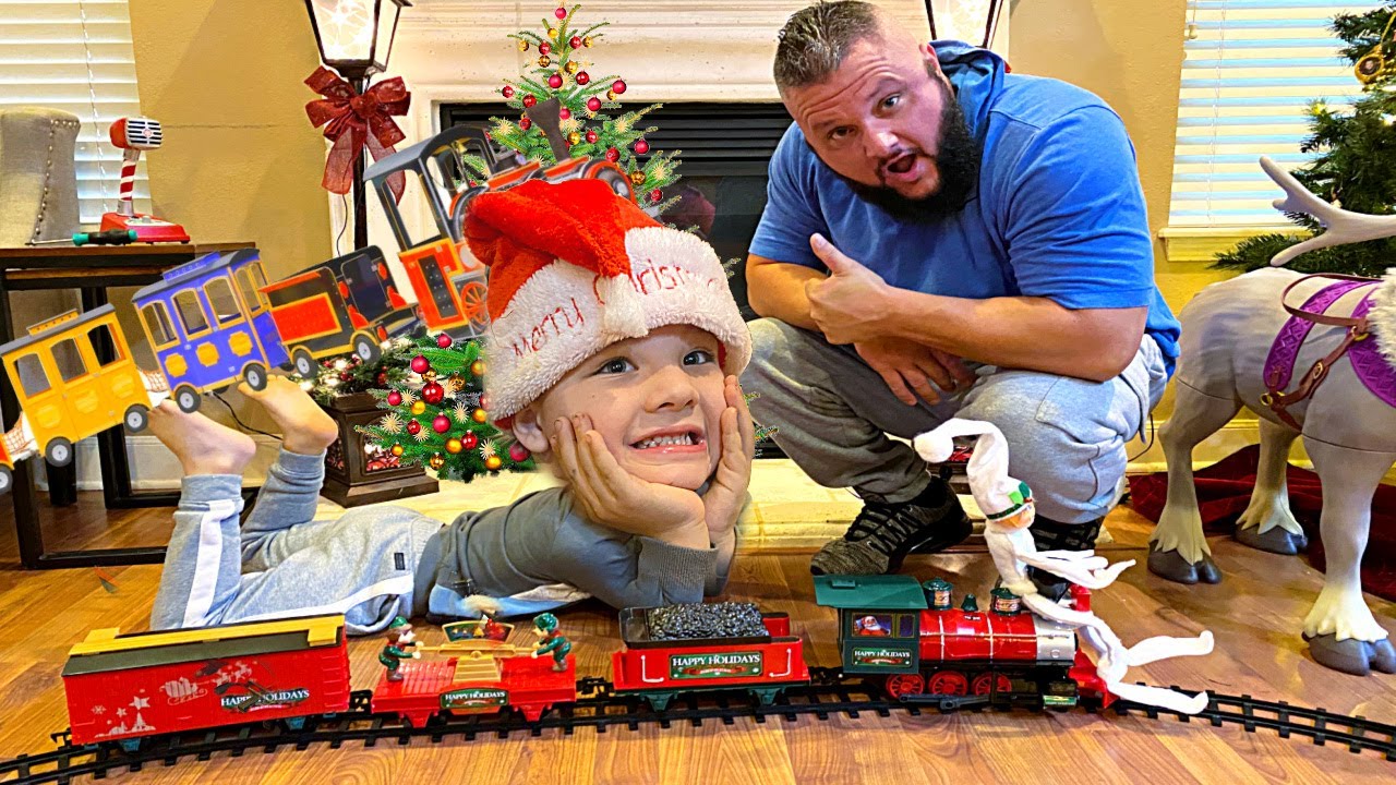 CALEB & Dad PLAY with a CHRISTMAS TRAIN TOYS! 🚂 Pretend Play Elf Train