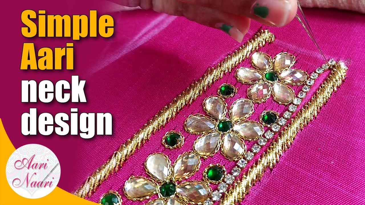Simple aari neck design tutorial | Easy aari work Back Neck Design with stone chain |hand embroidery