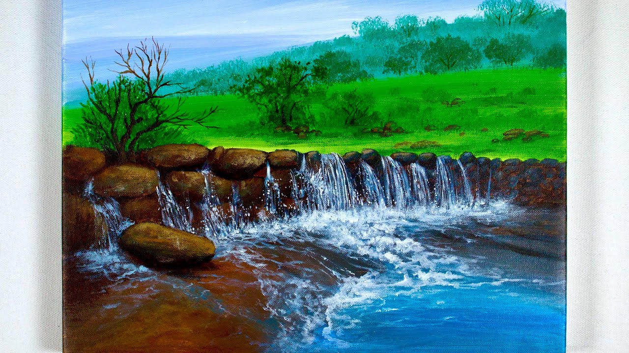 Waterfall Painting tutorial | Easy to paint Waterfall | Acrylic Painting