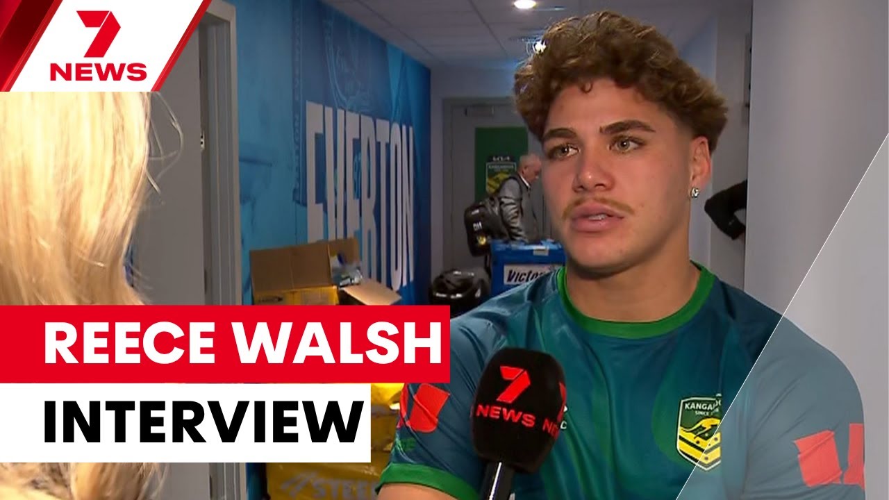 Kangaroos fullback Reece Walsh speaks to 7NEWS after Australia seals Ashes win over England