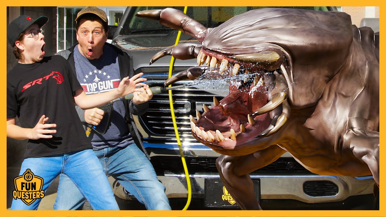 Monster Chupacabra vs Car Wash Blaster! Can FunQuesters Aaron & LB Survive?