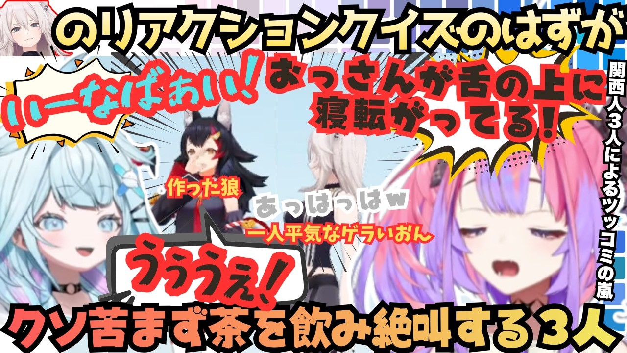 【ぼたんは何をされている？】のはずがさすしし王のリアクションがなさすぎて難解クイズになった結果なぜかぼたん以外の３人が罰ゲーム用茶を飲み悶絶する関西人とグンマーの狼【獅白ぼたん／大神ミオ／ホロライブ】