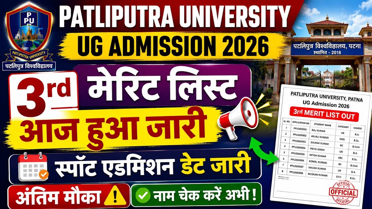 Patliputra University UG Admission 2026 3rd Merit List | Spot Admission Date | PPU 3rd Merit List