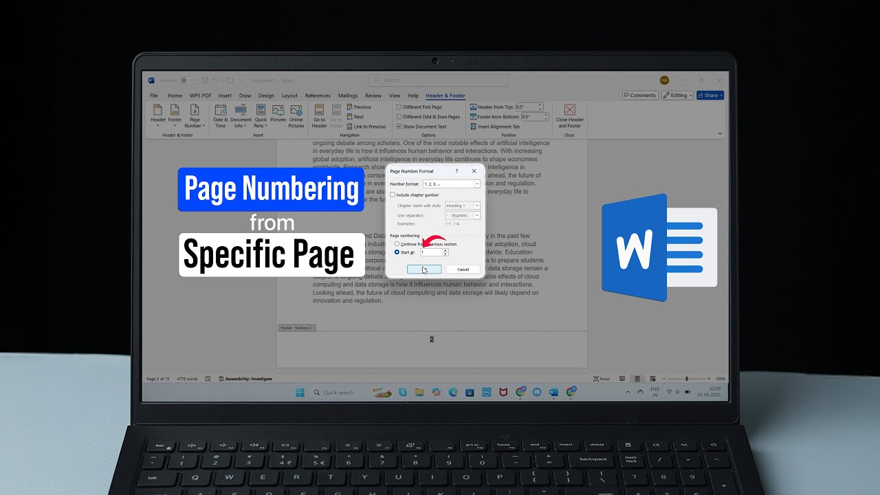 Как начать нумерацию страниц с определенной страницы в MS Word?