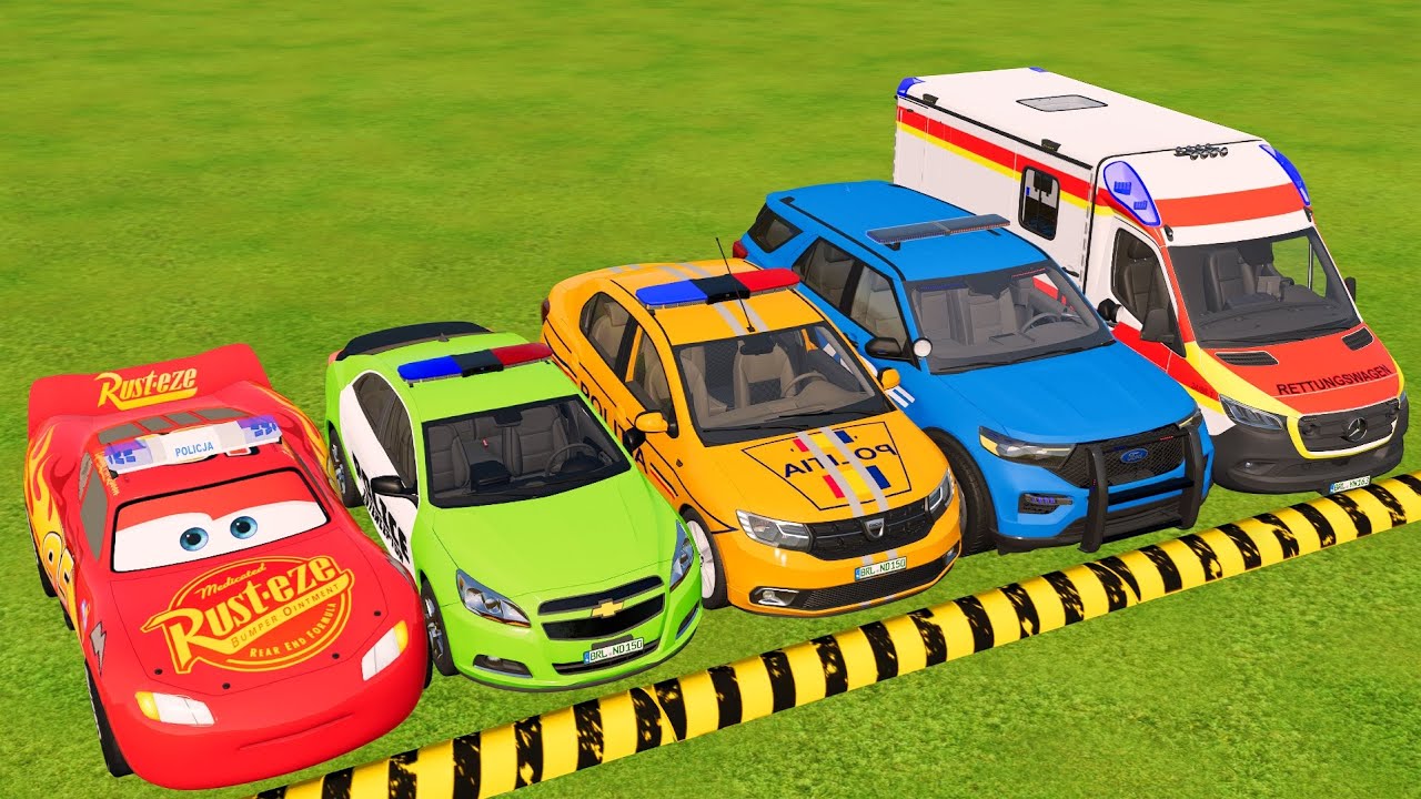 TRANSPORTING CARS, AMBULANCE, FIRE TRUCK, POLICE CARS OF COLORS! WITH BIG TRUCKS! -fs22 #39