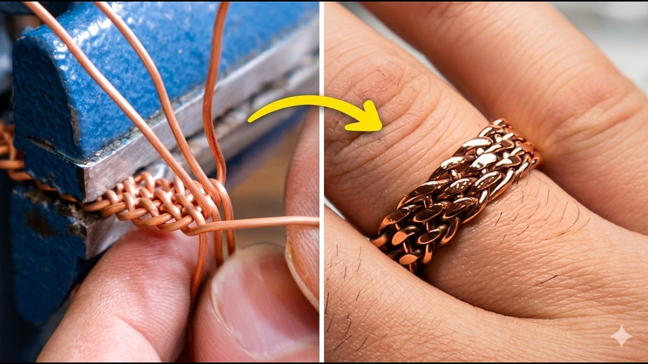 Making a wicker-shaped knitted ring by using old copper cables