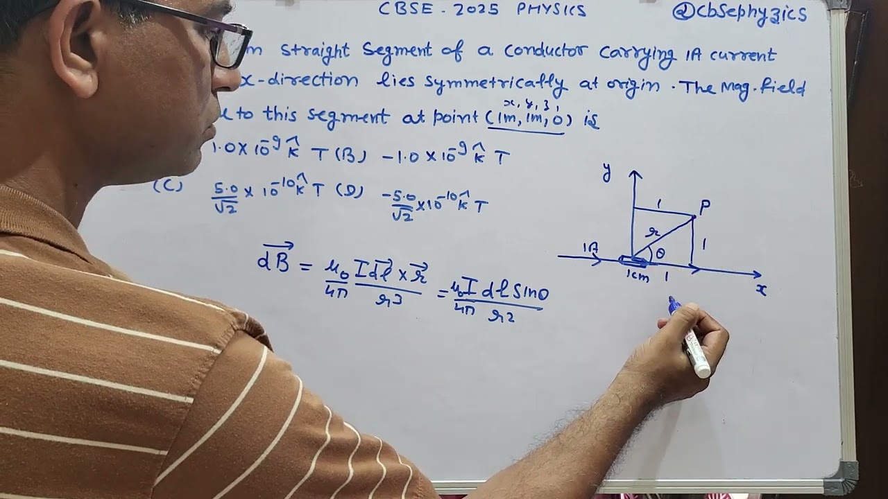 A 1 cm straight segment of a conductor carrying 1A current in x direction lies symmetrically at