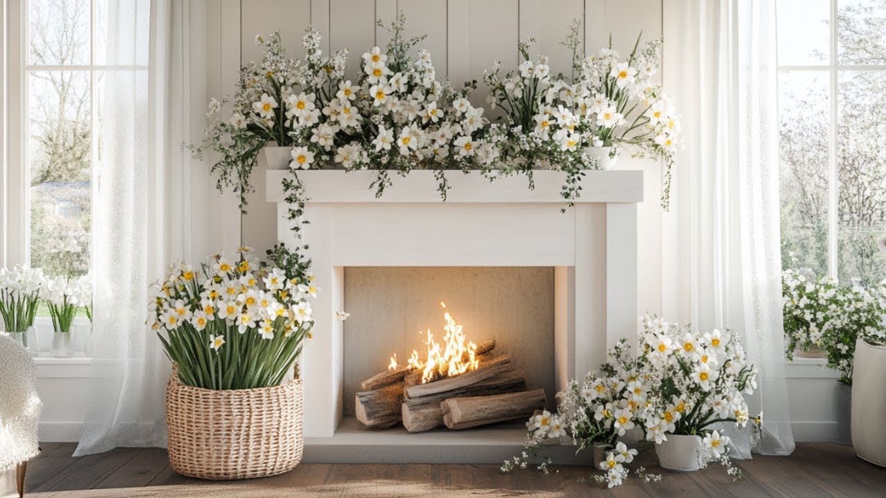 🌿 Elegant Spring Farmhouse Fireplace 🌼 Cozy Country Ambience for Relaxation