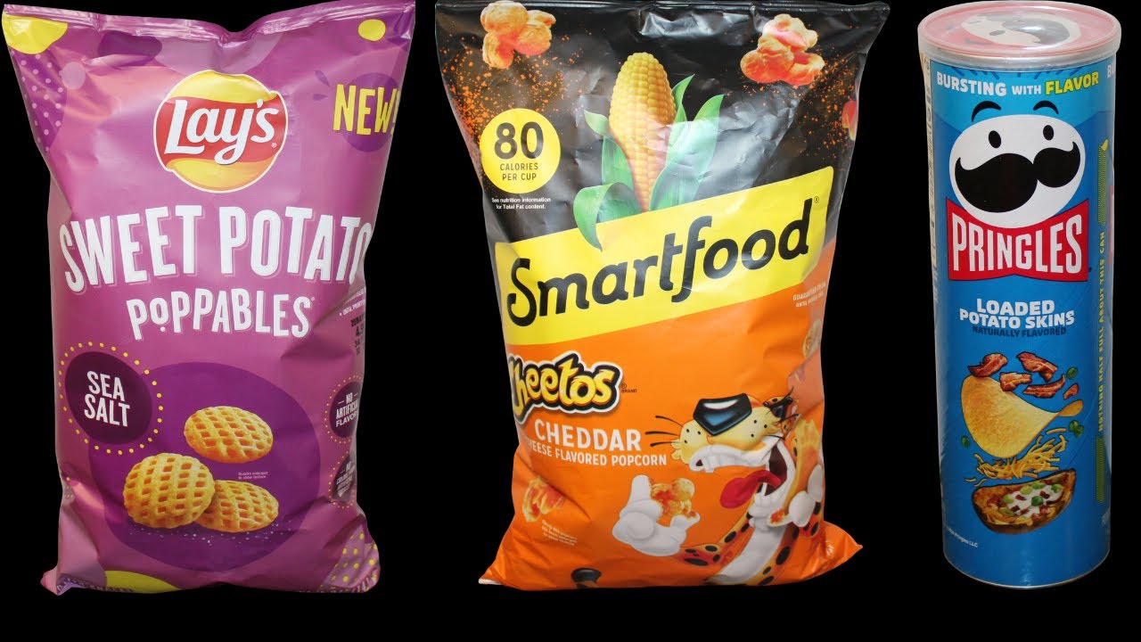 Lay’s Sweet Potato Poppables, Smartfood Cheetos Cheddar Popcorn, Pringles Loaded Potato Skins