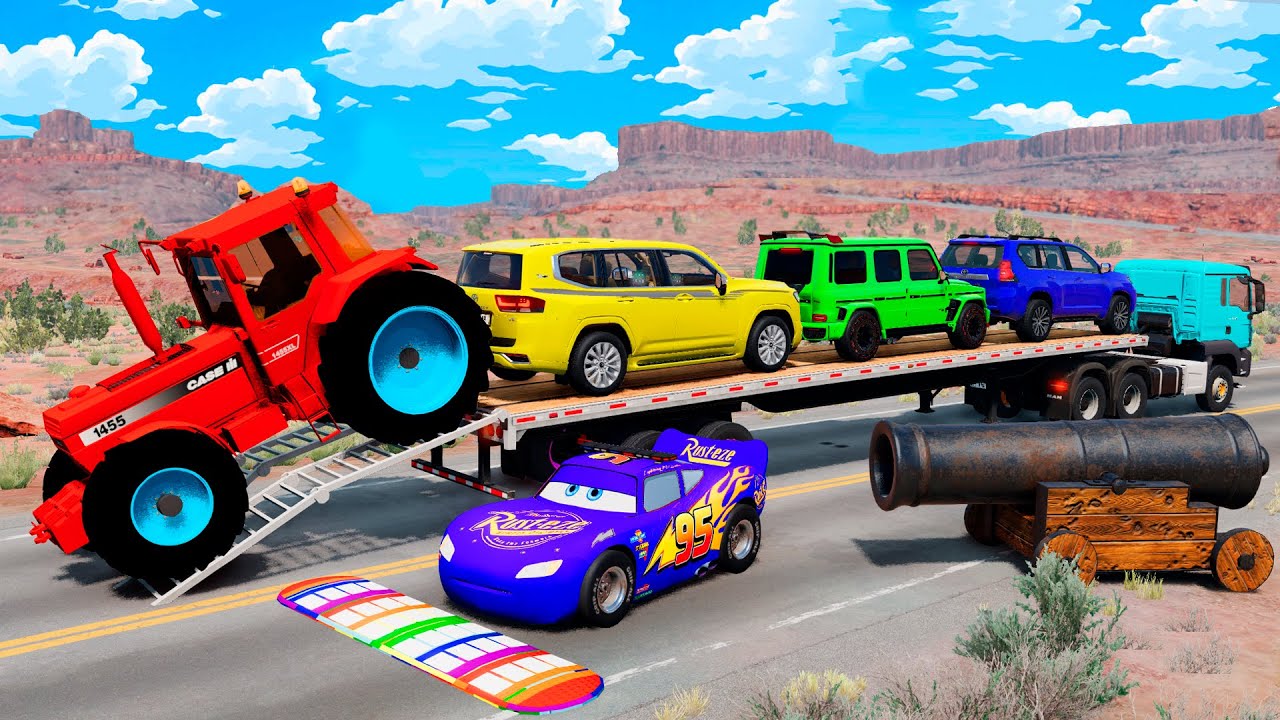 Flatbed Truck McQueen | Transportation with Truck - Pathole vs Car #007 | BeamNG.Drive Gameplay