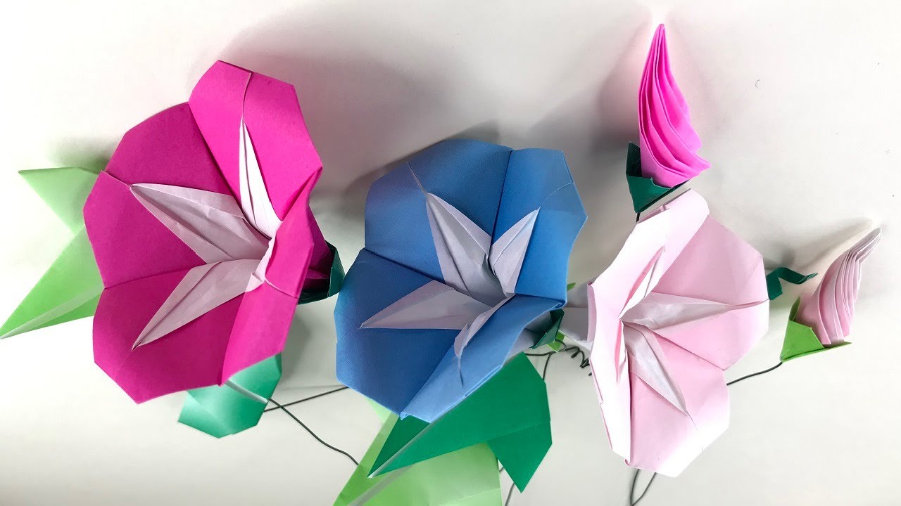 折り紙 あさがおの花、ツボミ、葉、ツル（立体）折り方（改訂版）Origami flower Morning glory tutorial (remake)（NiceNo1）