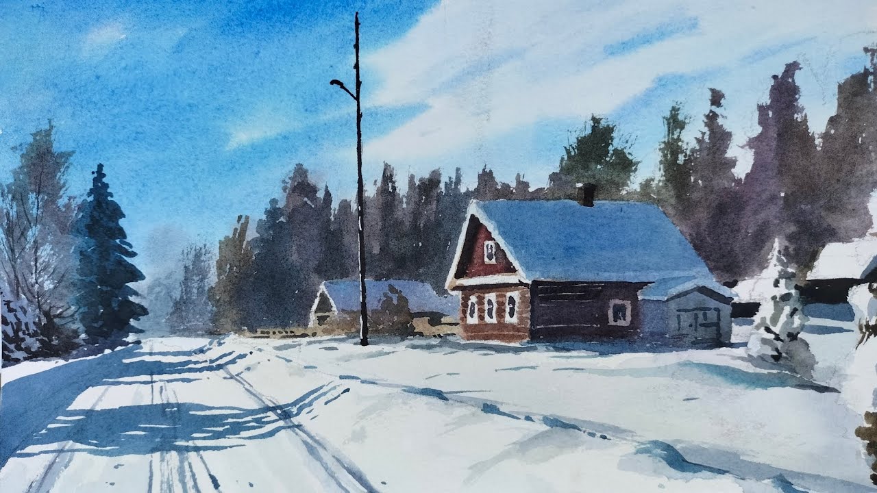 Acuarela, sombras en la nieve.