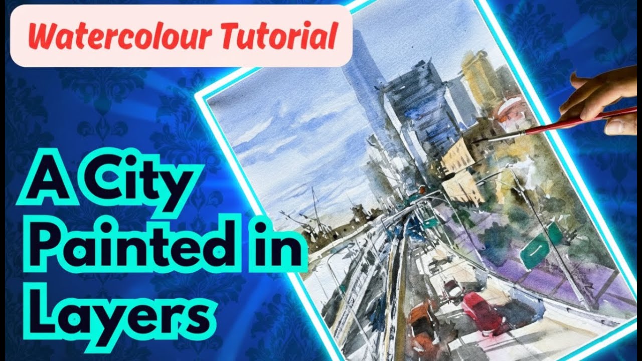 High Perspective Cityscape in Watercolour | Brisbane River and Freeway at Golden Hour