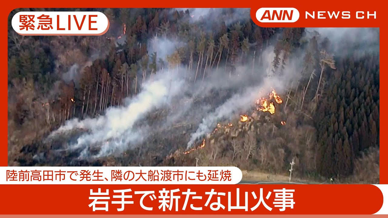 【緊急空撮ライブ】岩手・陸前高田市で新たな山火事が発生　隣の大船渡市にも延焼　7日目でほぼ消し止められた場所とは別の山林【LIVE】(2025年2月25日) ANN/テレ朝