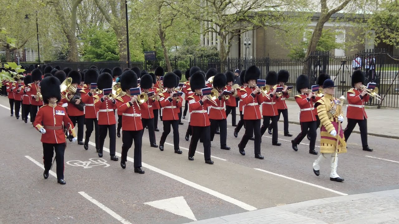 Bands and Troops arriving at Wellington Barracks: Coronation Day.