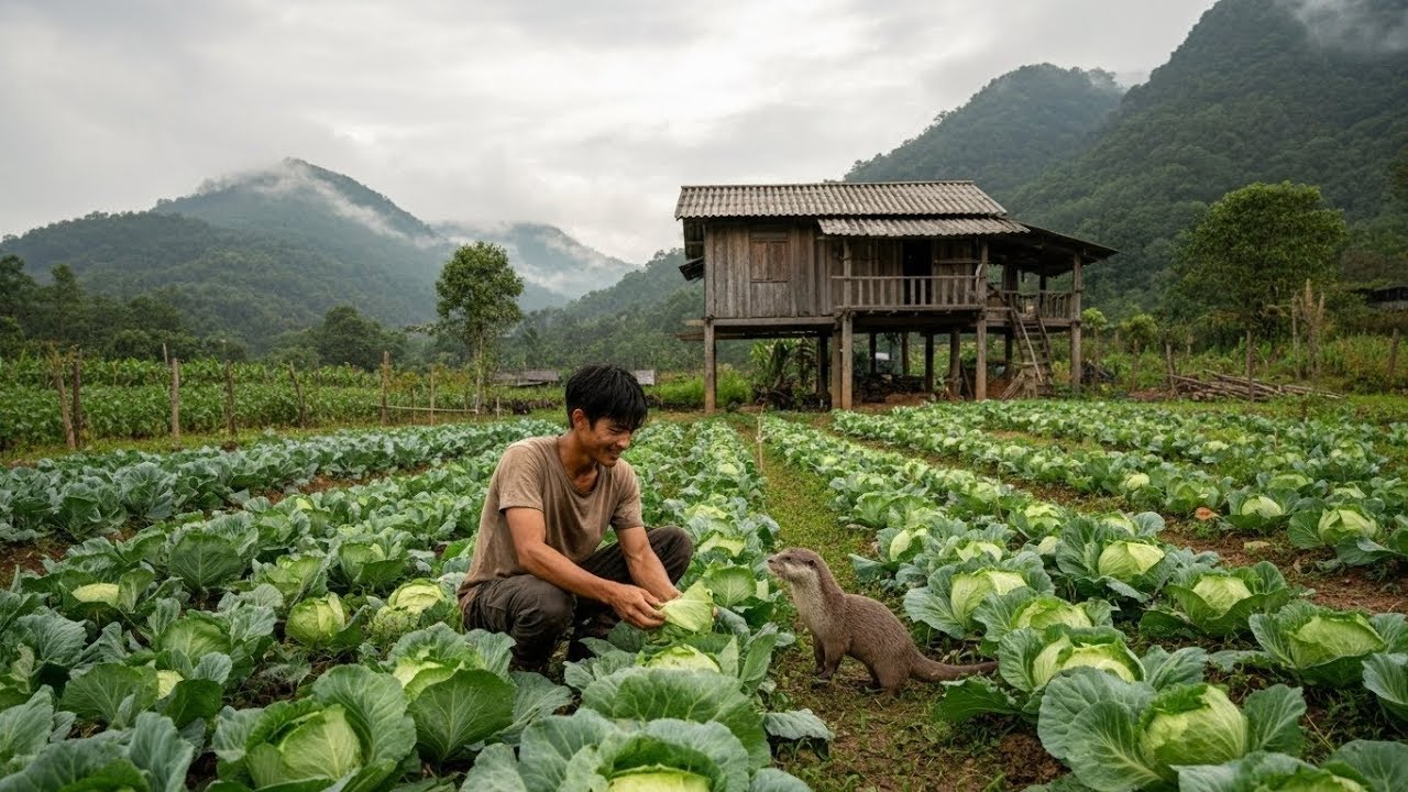 The clever otter followed the Asian man, harvesting cabbage.