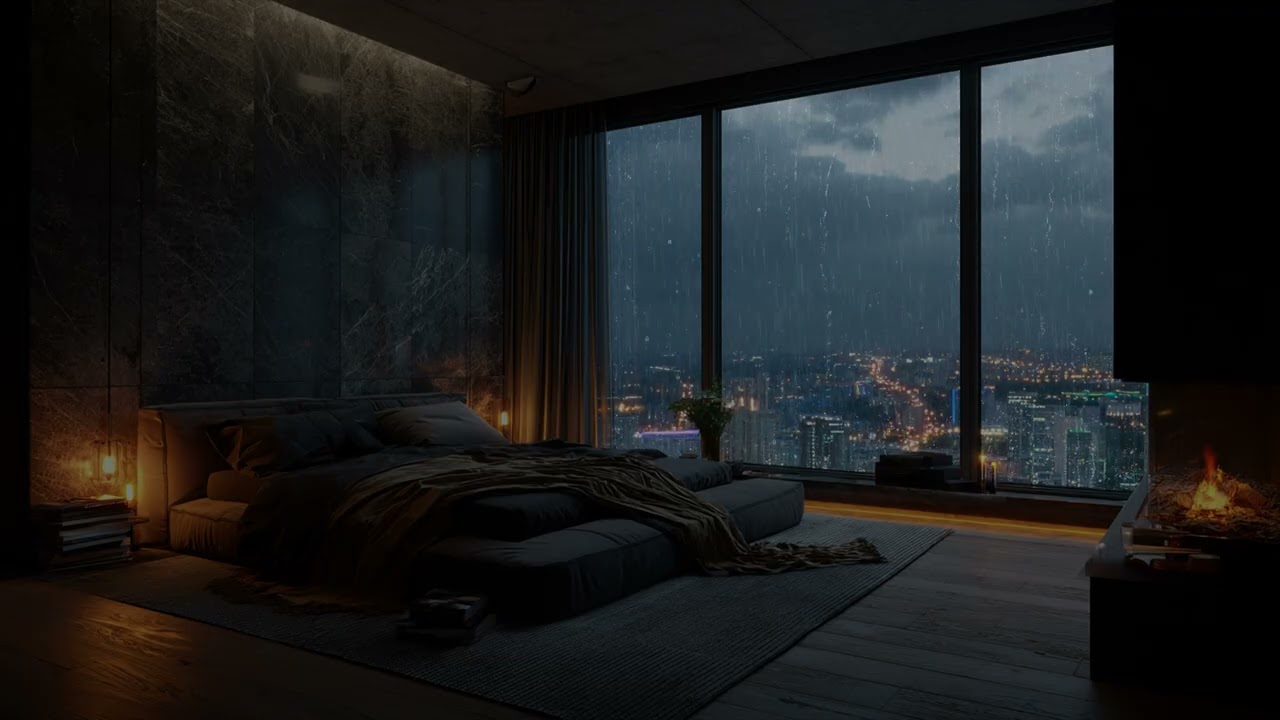 Rain Slides Down The Towering Glass 🌧️ While Neon Rivers Flow Across The City Below