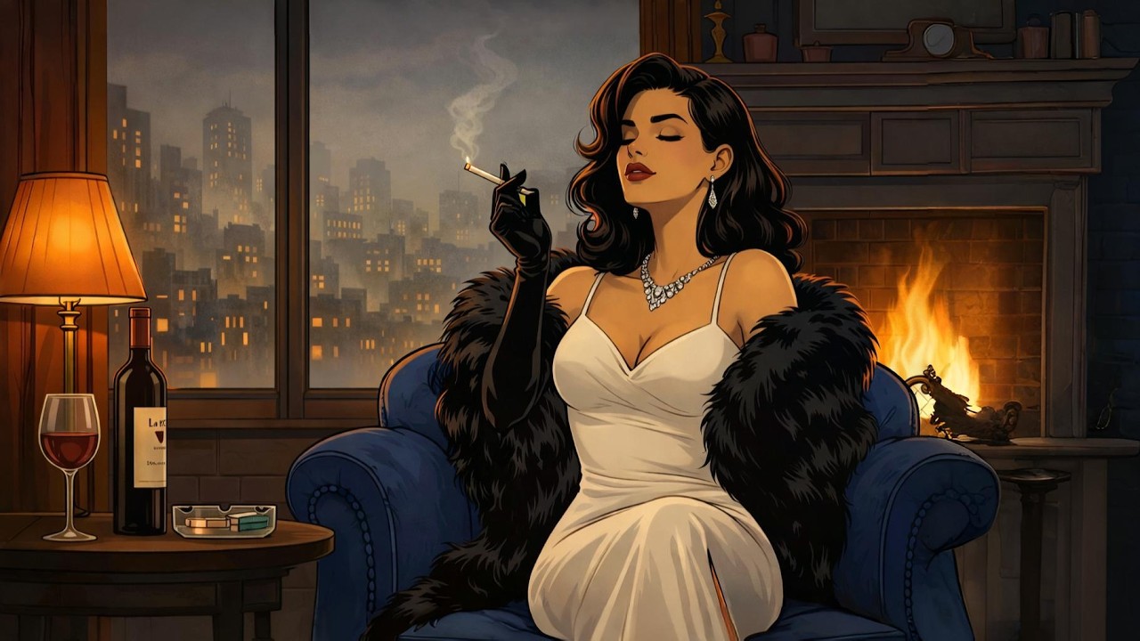 1940s Winter Jazz Lounge — Fireplace Night | Cozy Vintage City Ambience