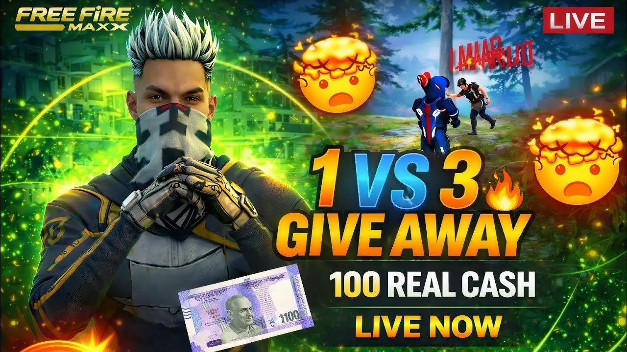 100 RS GIVEAWAY 1 VS 3 GAMPLAY||FREE FIRE LIVE IN TELUGU . ❤️