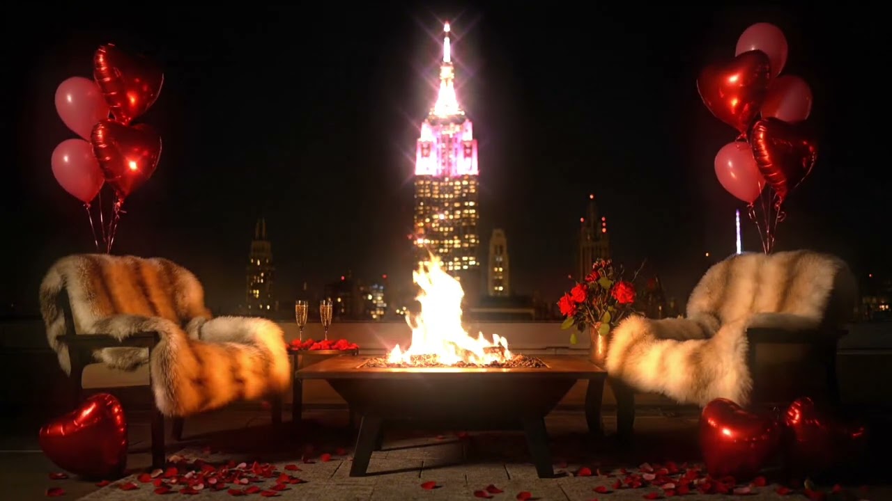 Empire State Building NYC Burning Fireplace 🔥 Valentine’s Day TV Screensaver  | Date Night Ambience