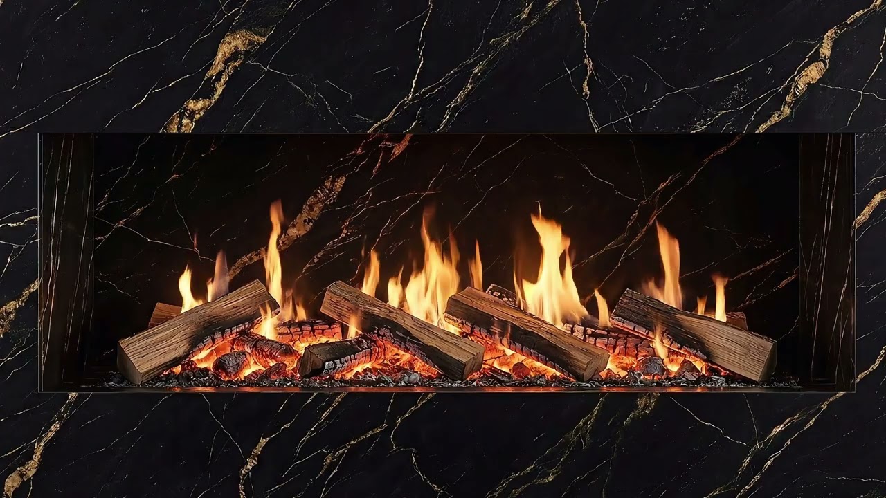 Black Marble Fireplace for TV | Luxury Fire Ambience 4K