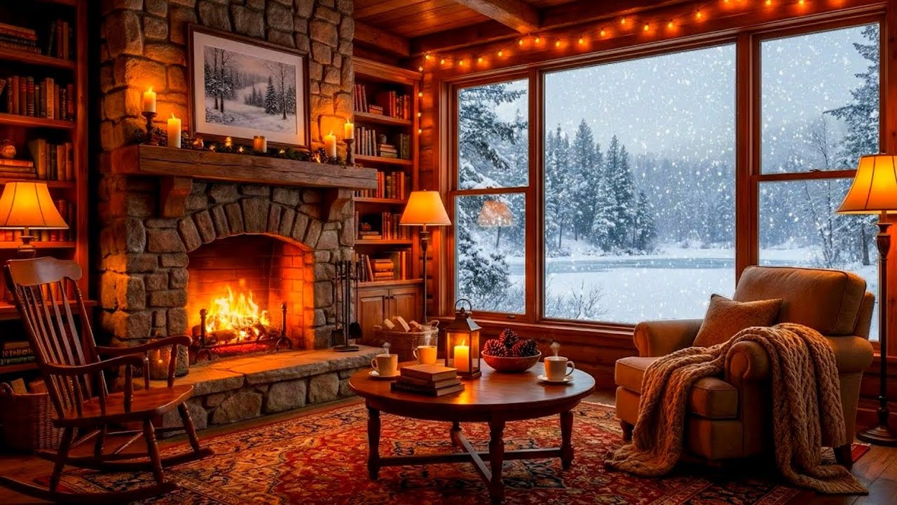 Deep Winter Night Jazz ❄️ Snowy Coffee Atmosphere & Cozy Fireplace Sounds for Studying and Focusing