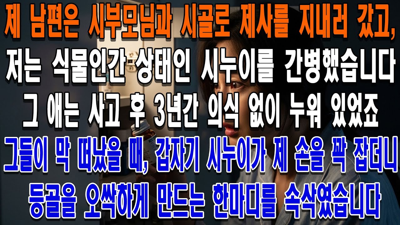 제 남편은 시부모님을 모시고 시골로 조상 제사를 지내러 갔고,저는 집에 남아 식물인간 상태인 시누이를 간병하게 되었습니다.그 애는 교통사고 후 3년 동안 의식 없이 누워 지냈습니다