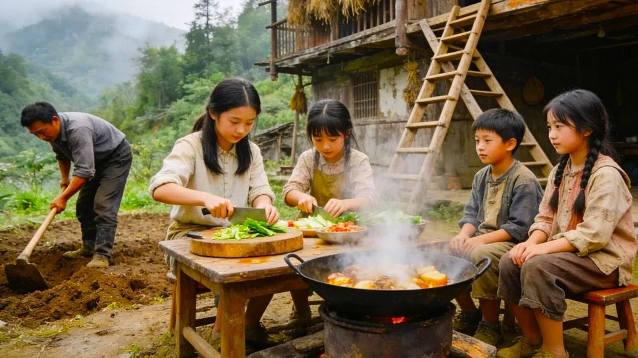 【一家六口隐居深山】 爸爸在田间辛苦劳作，懂事的女儿下厨做饭等他回家，还贴心照顾弟弟妹妹！#农村生活 #山区