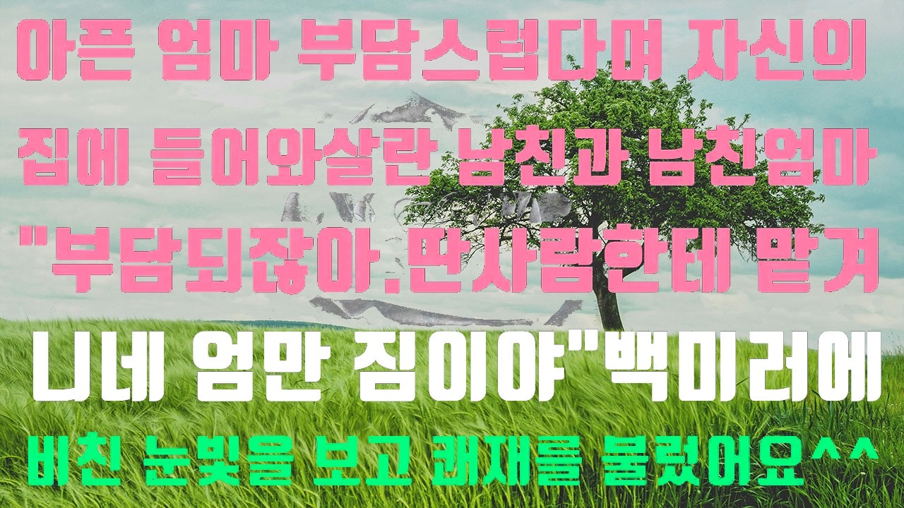 [실화사연]아픈 엄마 부담 스럽다며 자신의집에 들어와 살라는 남친과 남친엄마“외가에서 보살펴 주면 되잖아 너의 엄마는 너의 짐이야”백미러에비친 눈빛을 보고 쾌재를 불렀습니다