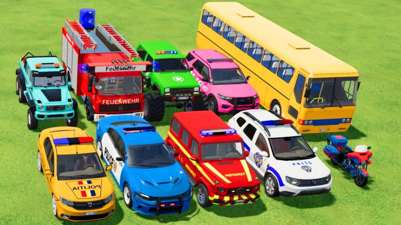 TRANSPORTING POLICE CARS, AMBULANCE, FIRE TRUCK, COLORFUL CARS WITH TRAIN -FARMING SIMULATOR 22!
