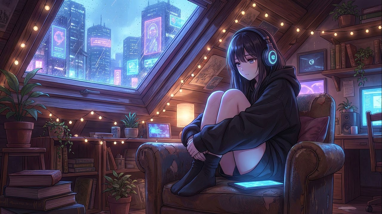 🌧️ Cozy Cyberpunk Rainy Night in Attic Room | Chill Neon Study & Sleep Vibes 🌃🎧