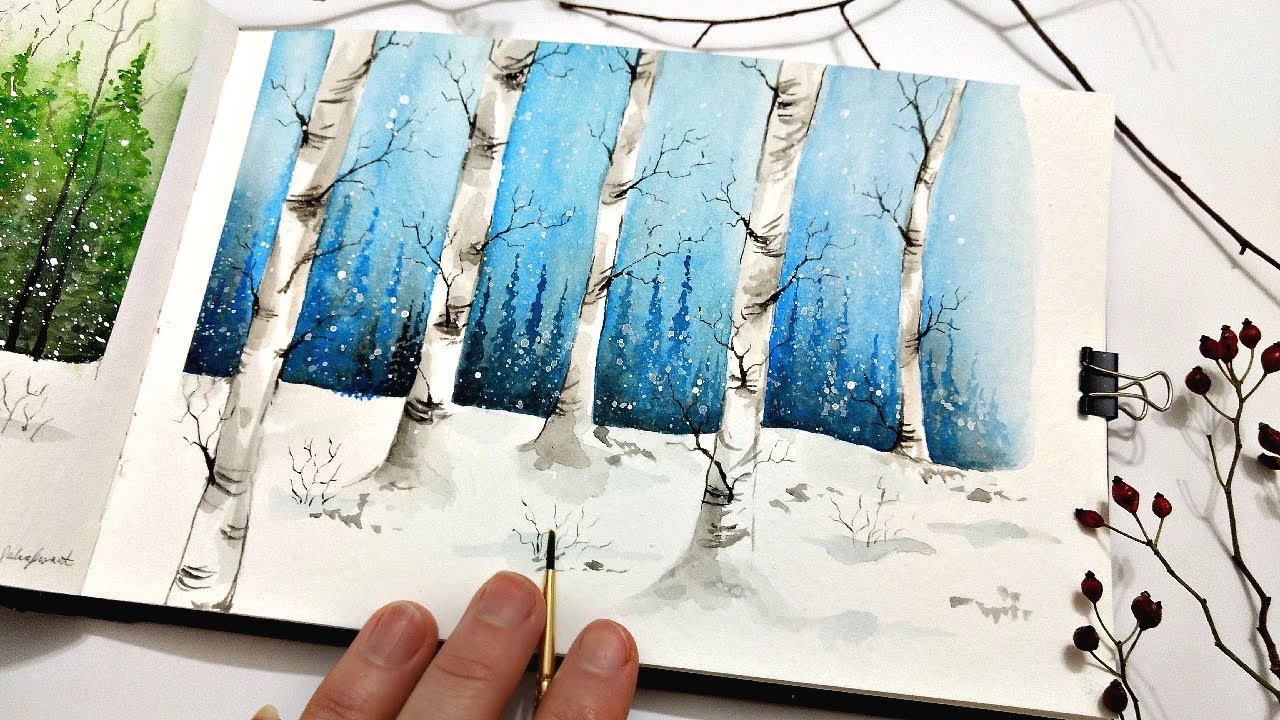 Easy winter watercolor forest » How to paint BIRCH TREES for beginners // Painting a winter storm