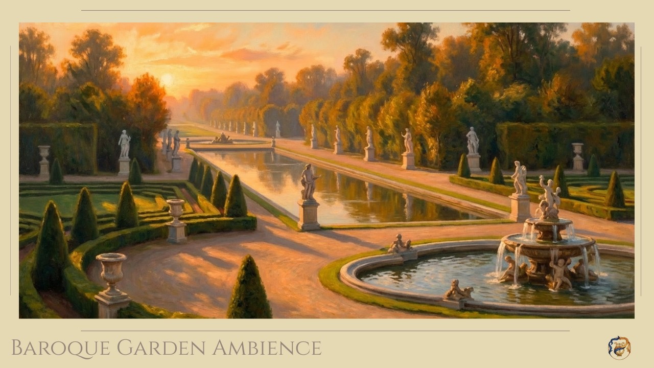 Baroque Garden Ambience: Day to Night Transition | Classical Music for Studying (4K)