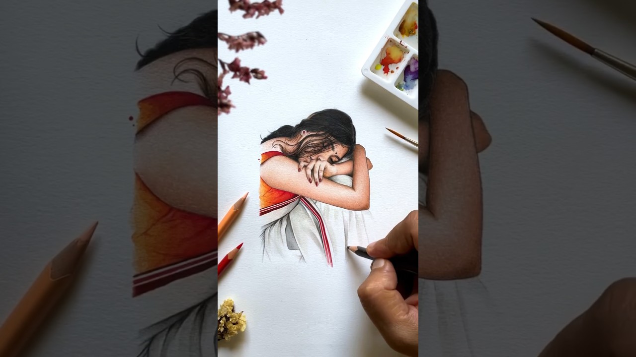 Indian Girl in Saree Drawing ❤️ 🖌️| #girl #saree #drawing #shorts #art #viral #youtubeshorts