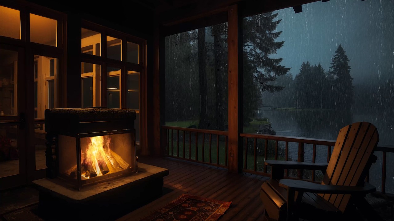 Cozy Porch with Relaxing Fireplace Crackling | Soft Rain Sounds for Deep Sleep