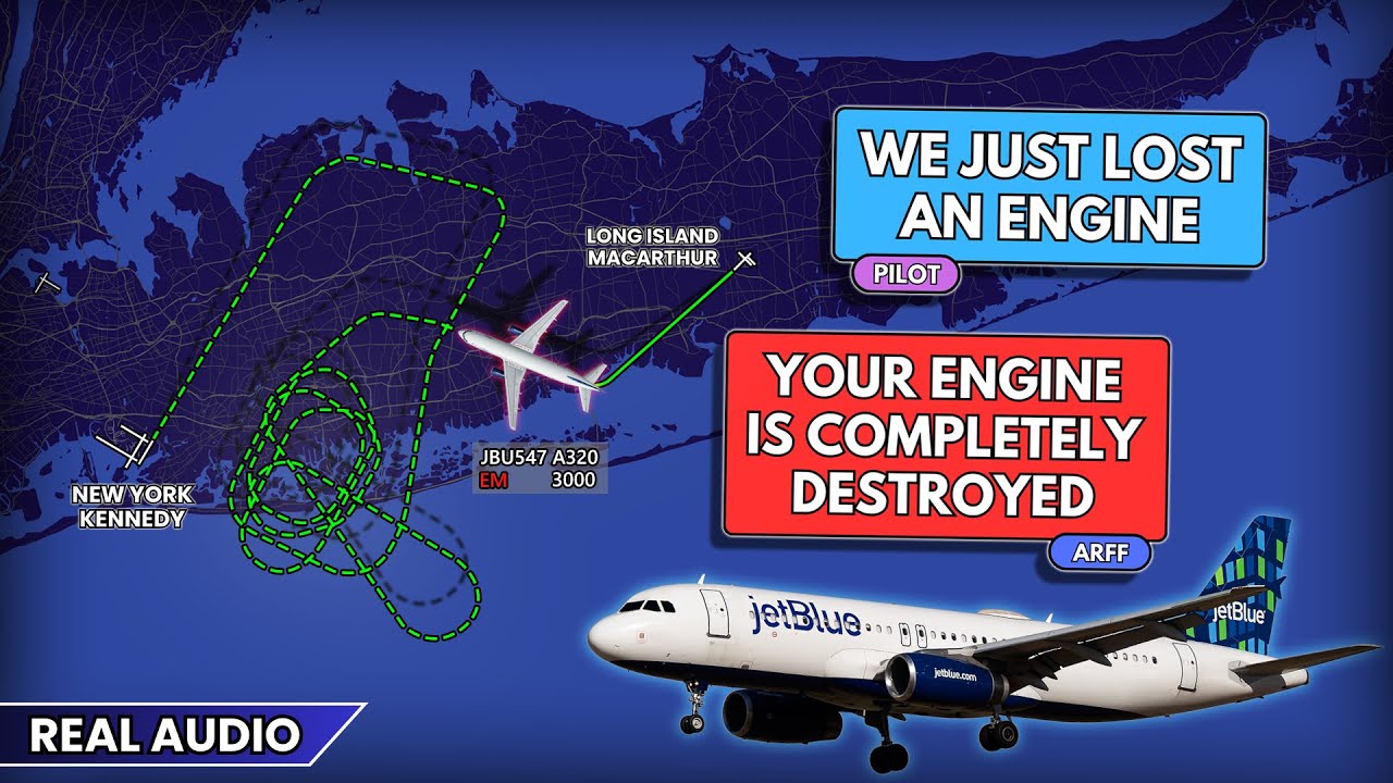 47 minutes in the air with destroyed engine. JetBlue Airbus A320 diverts to JFK. Real ATC