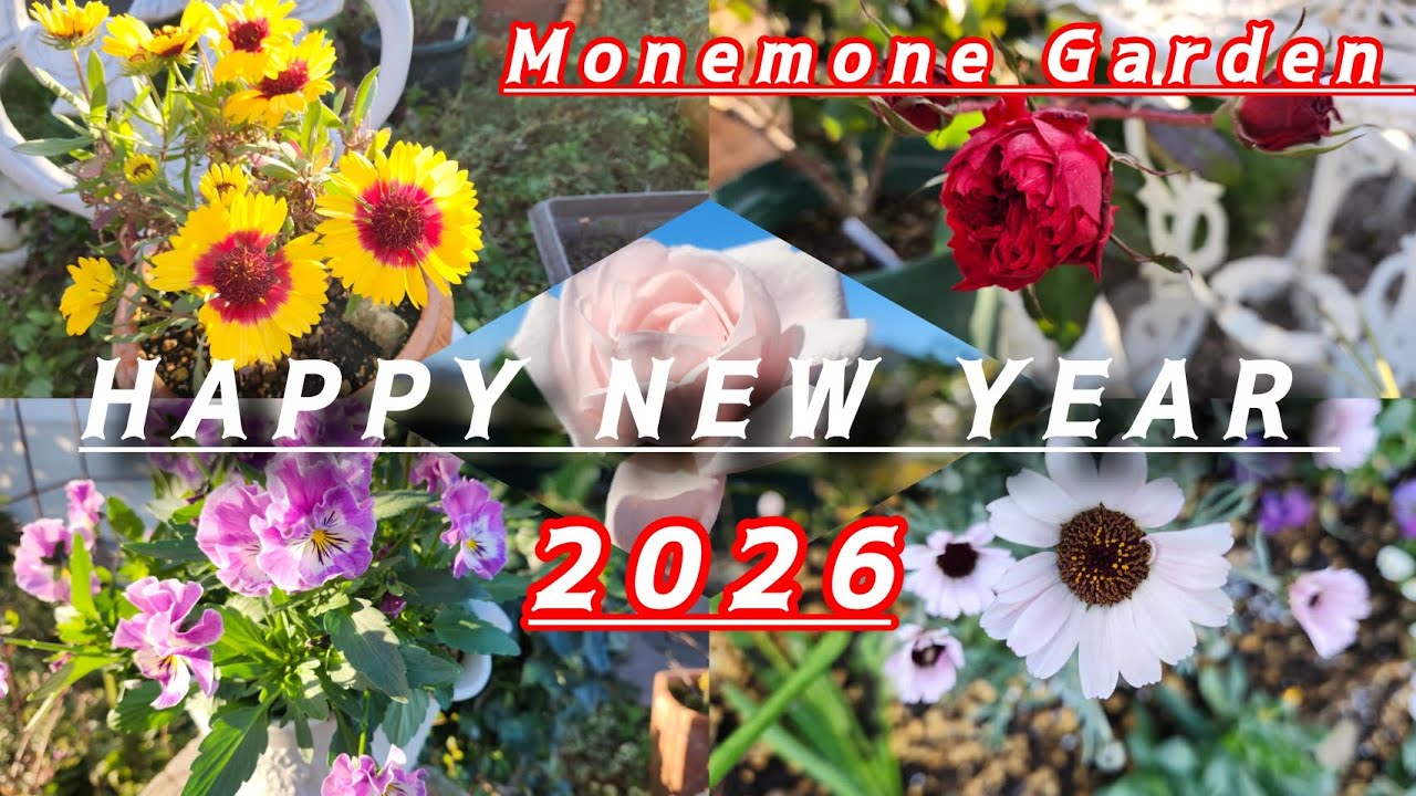 《Happy new year 2026》新春の私の庭☆寒さに負けない花たち♡ガイラルディアスピントップ、ローダンセマム、ビオラ、バラなど◇真冬の作業