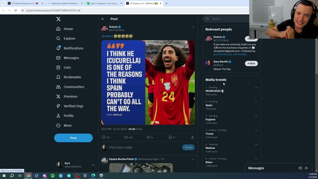 Kurt reacts to twitter after Spain win the Euro 2024