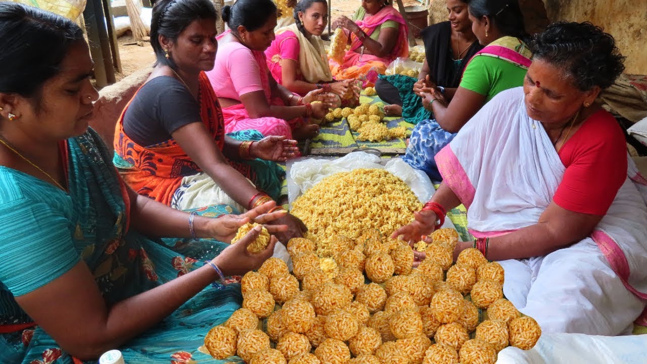 How Puffed Rice Candy Is Made - Traditional Sweet Murmura Laddu Recipe - Indian Sweets Making Videos