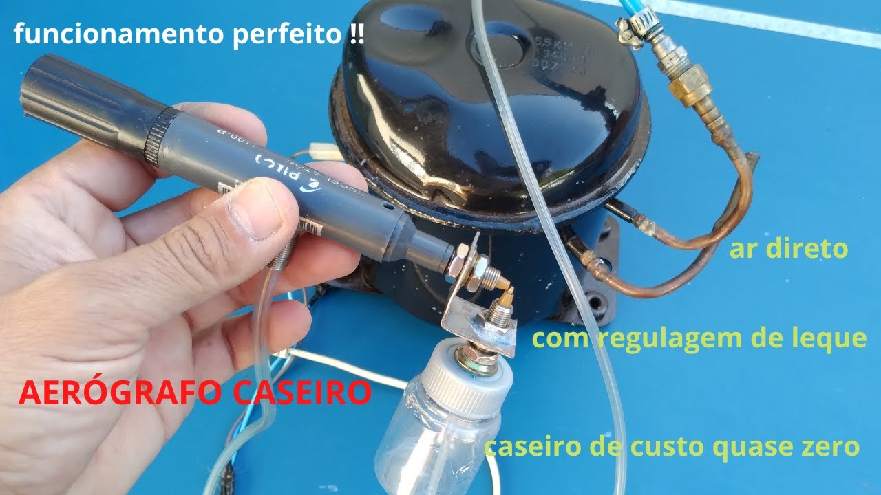 AERÓGRAFO CASEIRO DE CANETA, AR DIRETO, COM MOTOR DE GELADEIRA, FUNCIONAMENTO PERFEITO !! PARTE 2