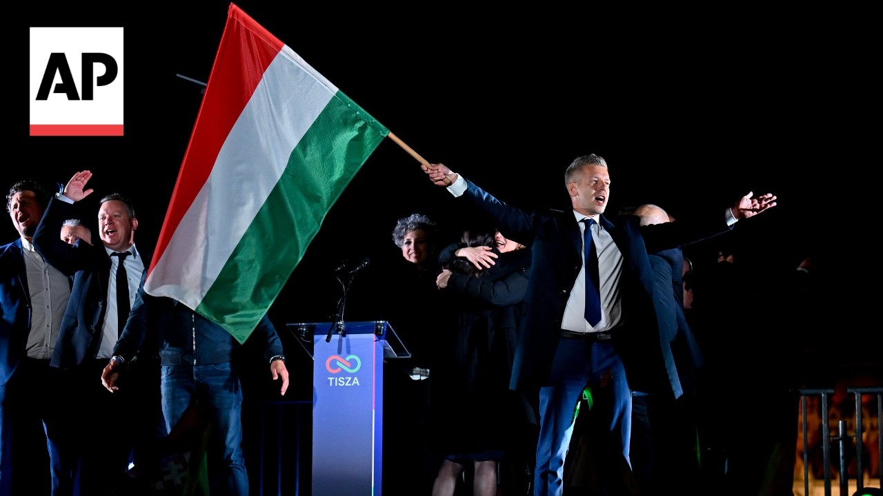 Hungary opposition leader P&eacute;ter Magyar celebrates election win in Budapest