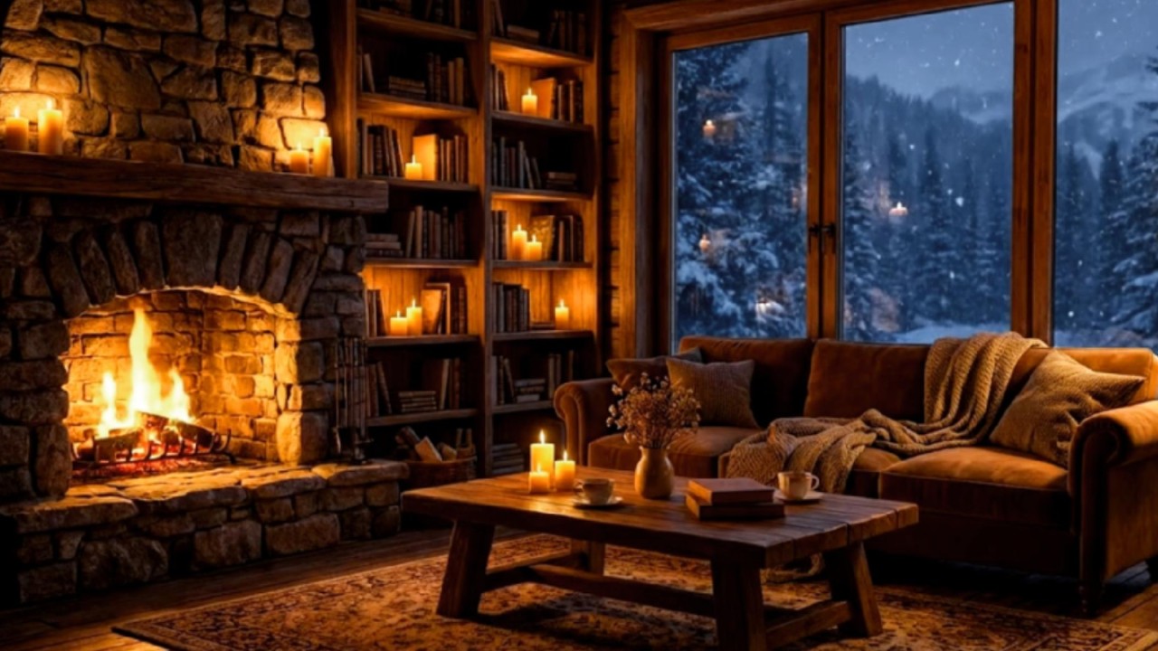Cozy Winter Cabin Fireplace Ambience  Snowy Night & Crackling Fire Sounds
