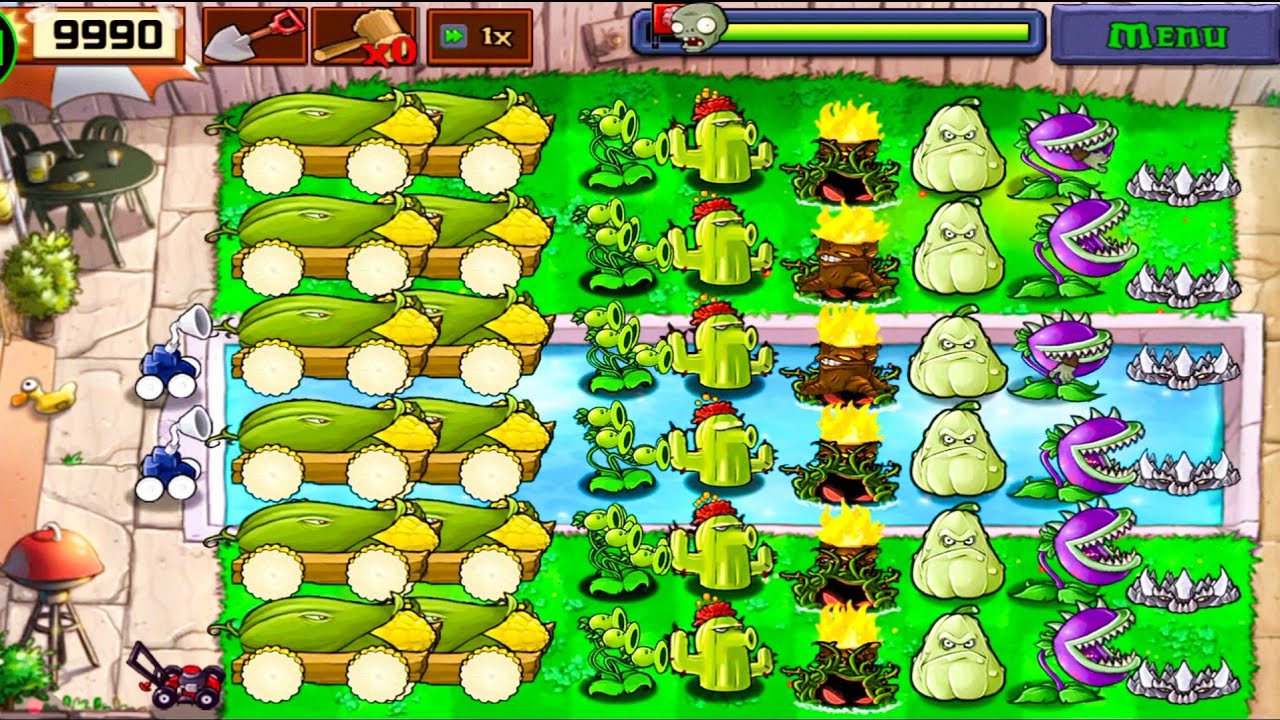 Plants Vs zombies Survival Pool Cob Cannon+Threepeater+Squash+Chomper Vs All Zombies Gameplay 