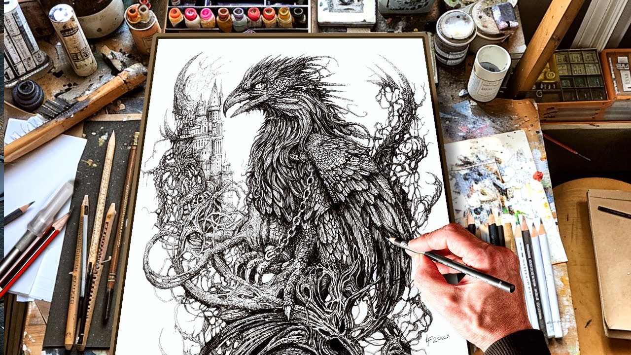 Fantastic Beasts and How to Draw Them. Time-lapse of drawing a Hippogriff with a liner. No talking.