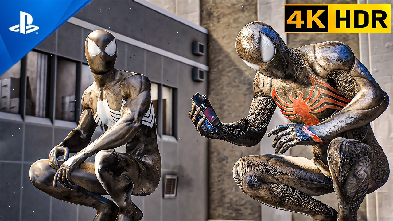 TWO BLACK SYMBIOTE SUIT COMBO SPIDER MAN 2 CLEAN CITY 4K HDR