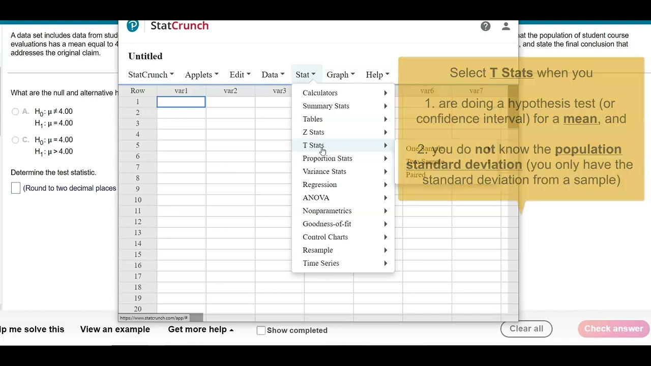 Hypothesis Test for one Mean (with Summary Stats) using Statcrunch