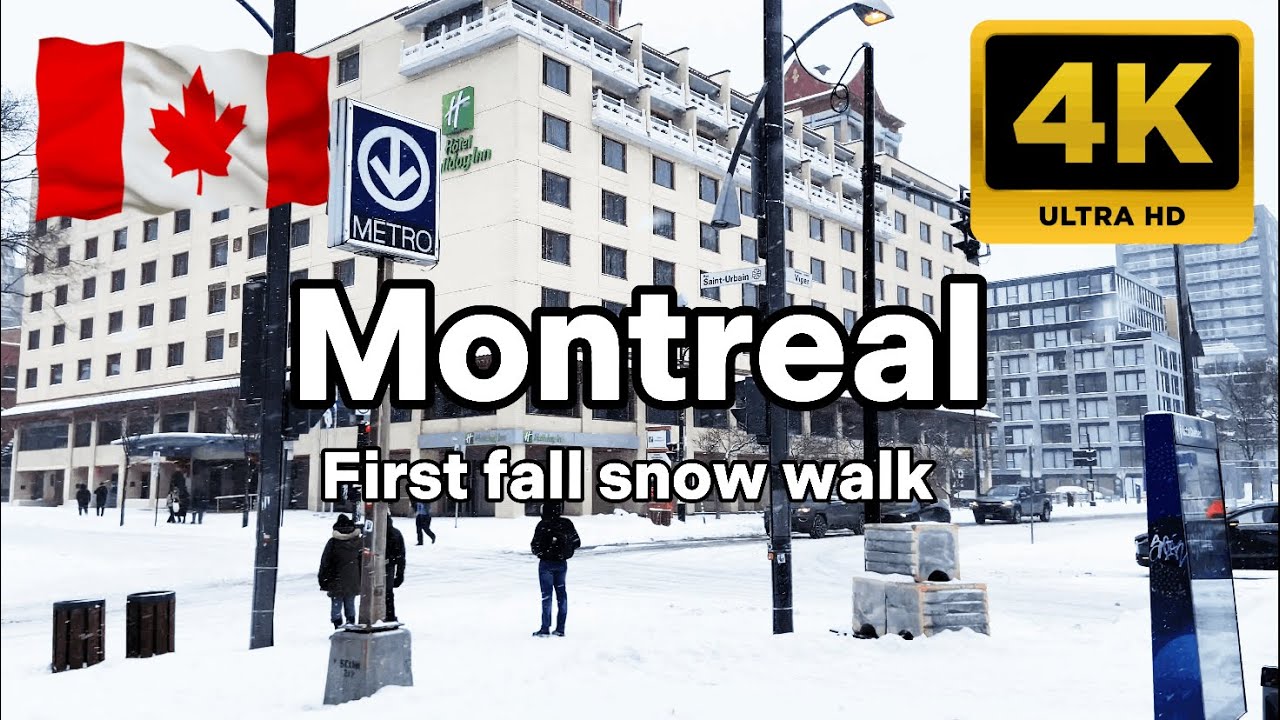 4k Canada snow walk  Montreal city tour in Quebec on first snow fall of the season UHD