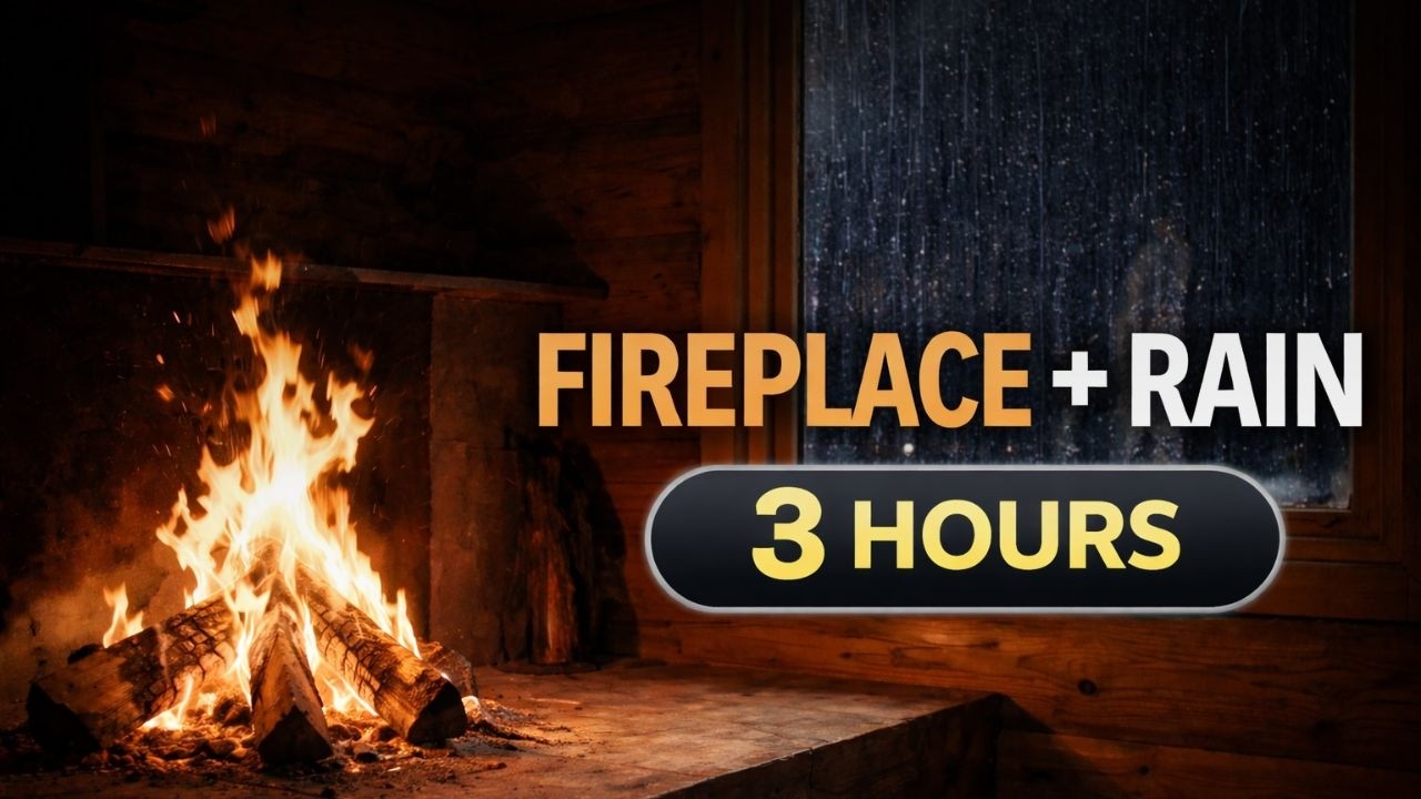 Cozy Crackling Fireplace with Rain Dark Screen 3 Hours Sleep Sounds